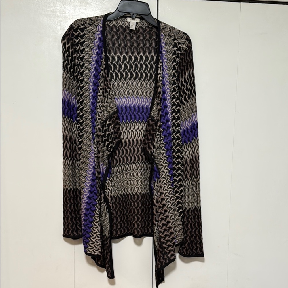 Chico’s Cascade Women’s Cardigan Sweater in Purple, Black and Taupe.